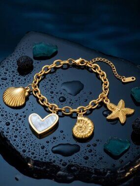 Gold Plated Stainless Steel Coastal Shell Starfish Pearl Heart Charm Bracelet